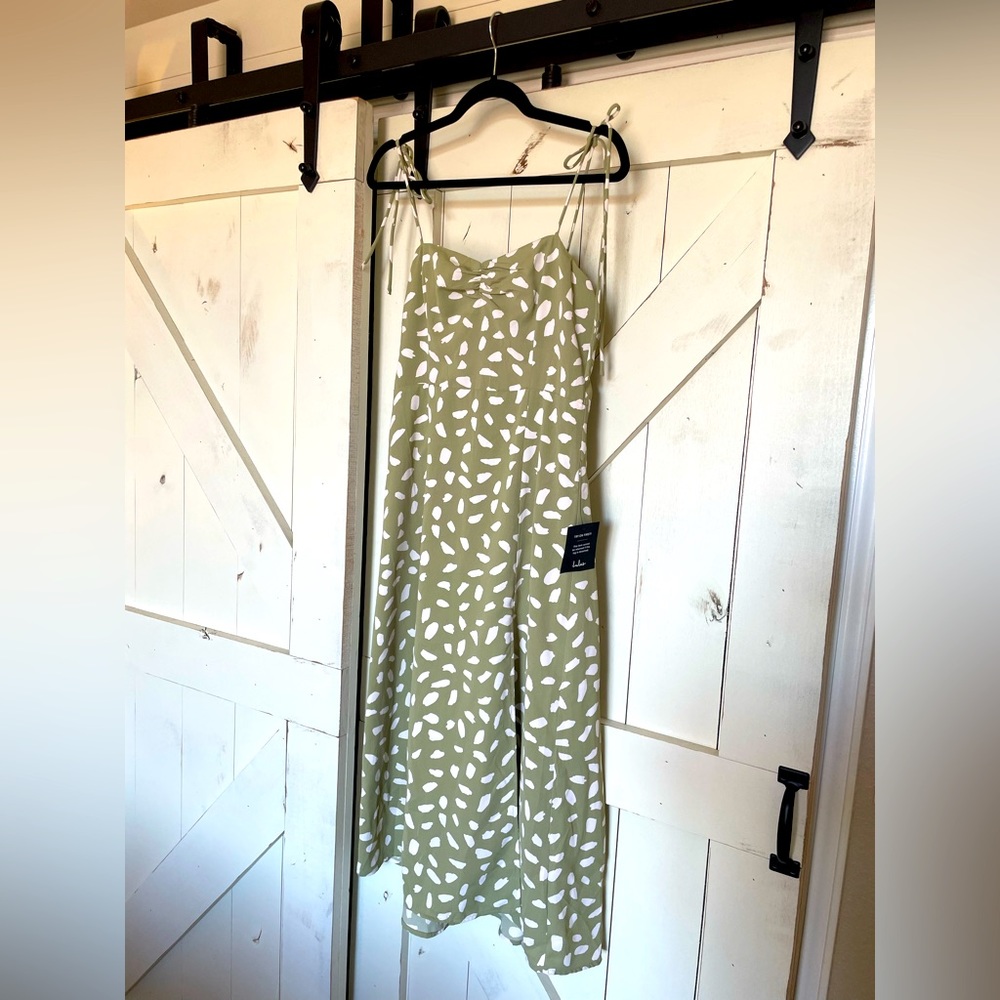 Lulus Brand: Party in Paris Sage Green Print Tie-Strap Midi Dress, medium. New!